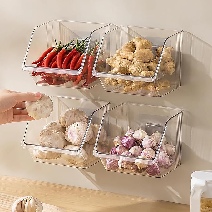 Garlic Keeper Storage Ginger Container, 3-Pack Small Clear Acrylic Bins with Adhesive, No-Drill Wall Mounted or Countertop Baskets for Kitchen, Pantry, Cabinet Organization
