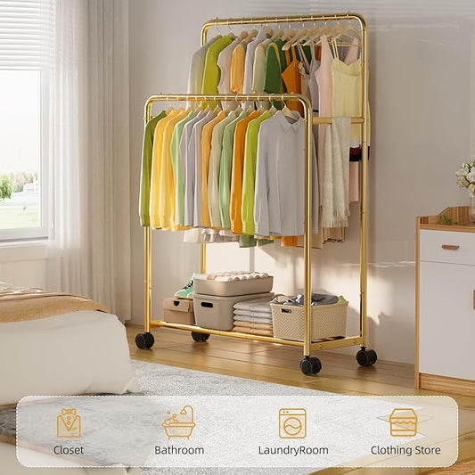 Simple Trending Clothing Clothes Rack Double Rods with Wheels, Rolling Metal Garment Rack for Hanging, Gold