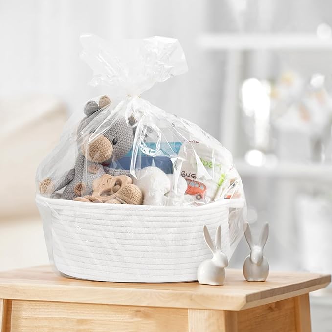 Small Woven Gift Basket, Baskets for Gifts Empty, Cotton Rope Cat Dog Toy Bin Box, Nursery Baby Basket, Wicker Basket with Handles, Cute Storage Basket for Home Decor, White, 12"x 8"x 5"