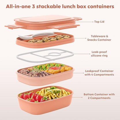 Bento Box Adult Lunch Box,3 Stackable Bento Lunch Containers for Adults/Kids, Modern Minimalist Design Bento Box with Utensil Set, Leak-Proof Lunchbox for Dining Out, Work, Picnic, School