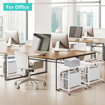 YBING Computer Tower Stand White PC Tower Stand 2 Tier CPU Holder with Wheels Metal Mobile Computer Tower Cart Rolling PC Cart Floor for Fax Home Office