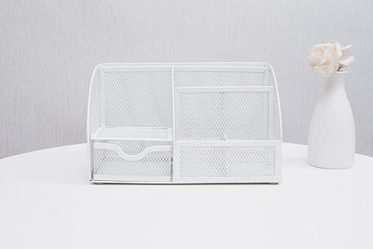 Annova Mesh Desk Organizer Office with 7 Compartments + Drawer/Desk Tidy Candy/Pen Holder/Multifunctional Organizer (White)