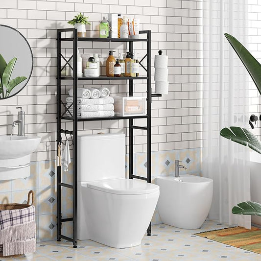 Simple Trending Over The Toilet Storage Rack with Toilet Paper Holder, Heavy Duty Metal 3 Tier Bathroom Organizer Shelf with 3 Hooks,Black
