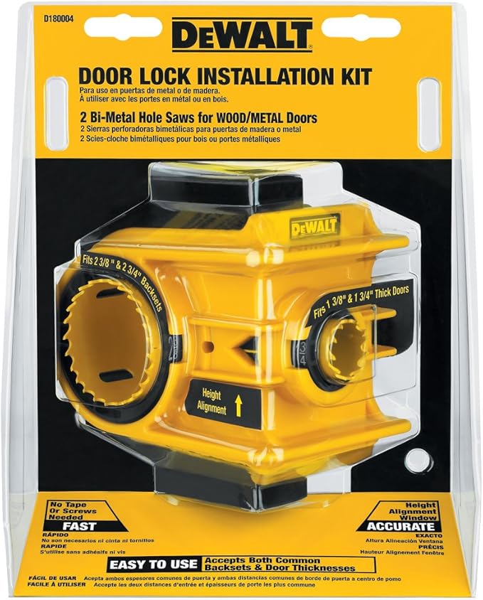 DEWALT Door Lock Installation Kit, C Clamp Design Hole Saw Kit For Metal or Wood Doors, 2 Adjustable Bushings, Easy Installation, Height Alignment (D180004)