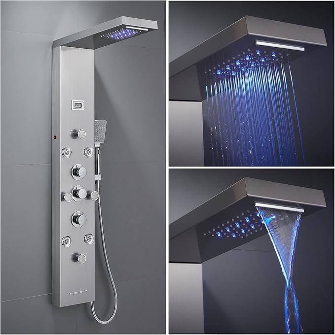 POPFLY LED Rainfall Waterfall Shower Panel Tower System, 4 Body Jets and 4 Mist Spray, 3-Function Handheld Shower, 304 Stainless Steel Shower Tower with Temp Display, Brushed