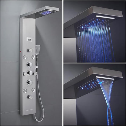 POPFLY LED Rainfall Waterfall Shower Panel Tower System, 4 Body Jets and 4 Mist Spray, 3-Function Handheld Shower, 304 Stainless Steel Shower Tower with Temp Display, Brushed