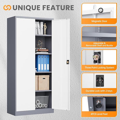 Metal Garage Storage Cabinets with Lock, 72" Tall Tool Cabinet with 2 Door and 4 Adjustable Shelves, Locking Garage Cabinets and Lockable Steel Locker for Home Office Warehouse-(Gray White-72”H)