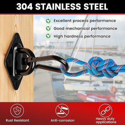 sprookber 304 Stainless Steel Pad Eye Snap Hooks, M5 Heavy Duty Ceiling Hooks, 500 lb Capacity Hammock Swing Hanging kit, Plant Hangers, Marine Hardware Staple Hook Loop with Screws, Set of 8(Black)