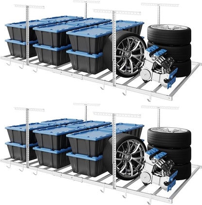 FLEXIMOUNTS 4x8 Overhead Garage Storage Rack with 6 Hooks, Adjustable Storage Organization System, Heavy-Duty Metal Ceiling Racks, 22.6" -39.4" Ceiling Dropdown, 2 Pack, White, Lite Series