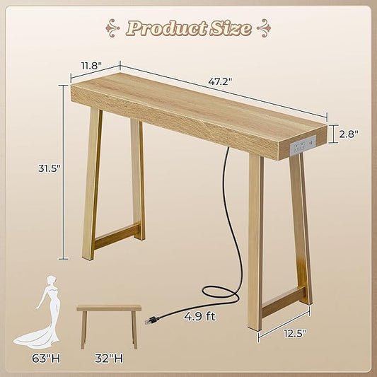 Huuger Entryway Console Table with Charging Station, USB-C Port, 47.2 Inch Sofa Table with Metal Legs, Entry Hallway Table with Thicker Desktop, Modern Behind Couch Table, Natural