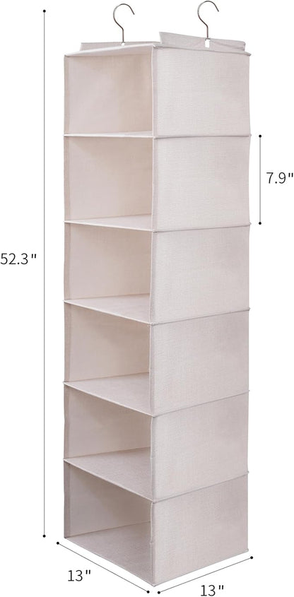 Large Hanging Sweater Organizer for Closet,Collapsible 6-Shelf Hanging Closet Shelves with Drawers, Washable (Beige -6 Shelf-1 d)