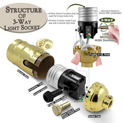 Lamp Making Kit,Make a Lamp or Repair Kit,3-Way Lamp Socket with Matching Cord Lamp Harp Set,Lamp Wiring Kit for Table Floor Lamp,Essential Hardware for DIY Lamp Design or Repair (Gold, 1)