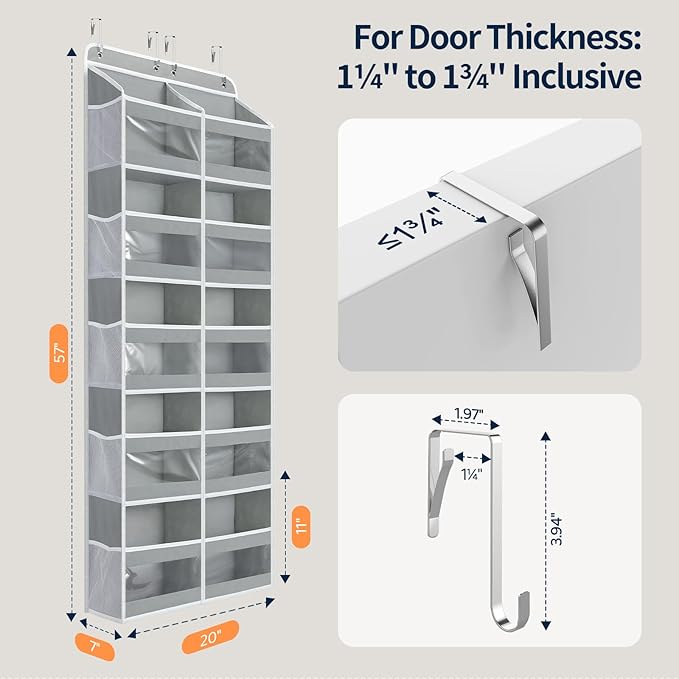 Yecaye 5-Tier Over The Door Organizer Dual-Column, 80lbs Load Over The Door Storage of 10 Compartments, Heavy Duty Door Organizer Hanging for Bedroom Closet Nursery Bathroom Pantry, Gray, 2 Pack