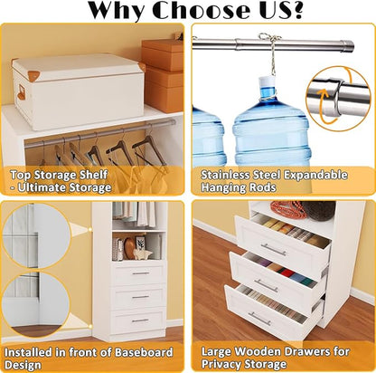 Closet System with 4 Sets, Closet Organizer Systems with 6 Drawers & 8 Hanging Rods & Adjustable Shelves, Walk in Closet Freestanding Closet System Modular Closet System Set White