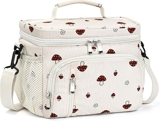 Insulated Lunch Bag for Men & Women, 9L Leakproof Lunch Box Soft Cooler Tote with 5 Pockets, 600D Oxford, EVA Lining, Adjustable Strap for Work, Picnic, Beach&Travel-Corduroy Mushroom