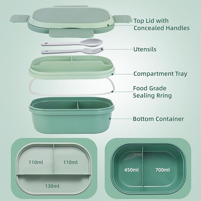 Leakproof Lunch Box, Drop-Proof Bento Box for Kids & Adults, BPA-Free Lunch Containers with Sleek Handles & Utensils, Microwave & Dishwasher Safe (Green)