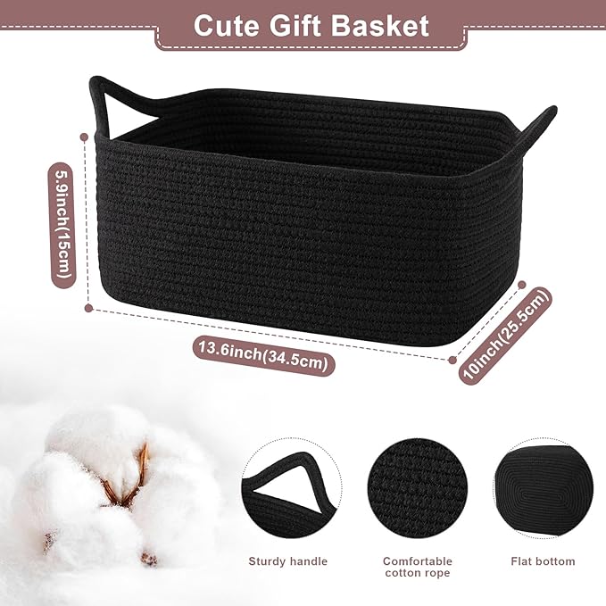 Basket for Gifts Empty, Woven Storage Basket with Gift Bag, Ribbon and Wrap Tissue Paper, Small Rope Toy Storage with Handles for Baby Shower, Dog Toy Organizer, 13.6" x 10" x 5.9”