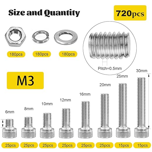 720pcs M3 Screws Assortment kit, Hex Socket Head Cap Bolts, Nuts & Washers Assorted Set M3x6/8/10/12/16/20/25/30 mm, 304 Stainless Steel Hardware Kit for DIY, 3D Printer