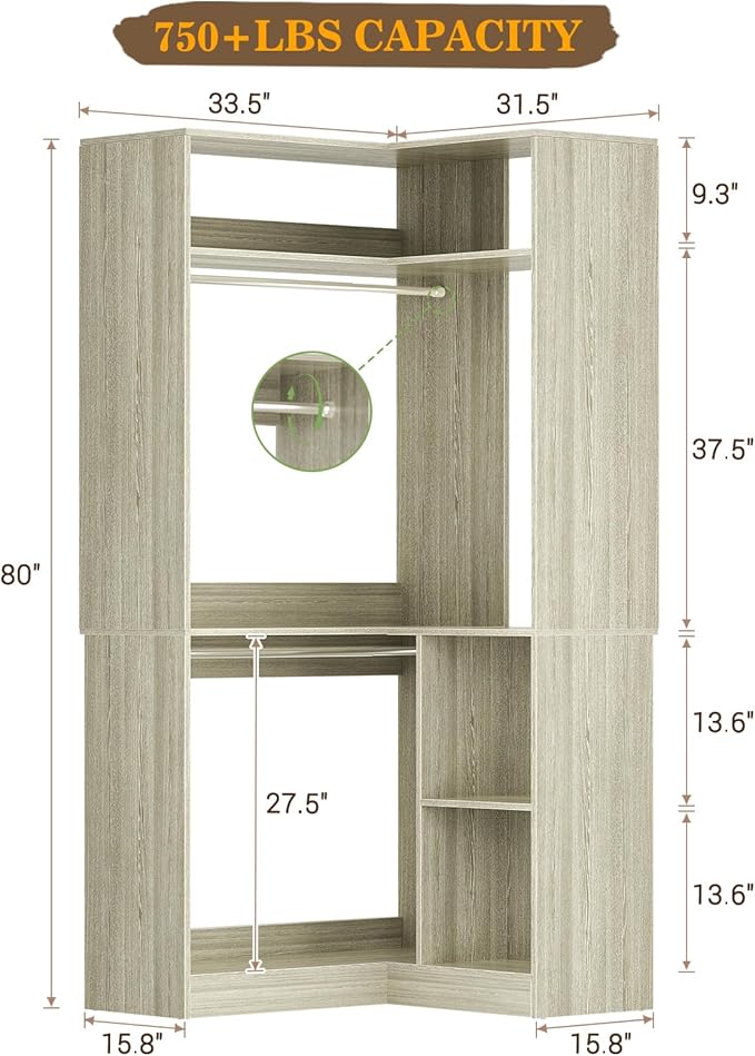 Aheaplus Corner Closet System with Shelves, 34’’ Closet Organizer System with Hanging Rods, Wood Walk-in Closets for Corner Small Space,Freestanding Corner Tower, L Shaped Garment Rack, Black