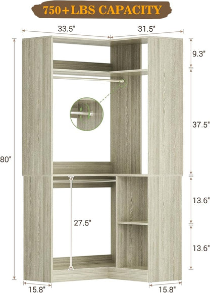 Aheaplus Corner Closet System with Shelves, 34’’ Closet Organizer System with Hanging Rods, Wood Walk-in Closets for Corner Small Space,Freestanding Corner Tower, L Shaped Garment Rack, Black