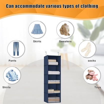 Hanging Closet Organizer and Storage 5-Shelf, Easy Mount Foldable Hanging Closet Wardrobe Storage Shelves, Clothes Handbag Shoes Accessories Storage, Washable Oxford Cloth Fabric, Navy Blue