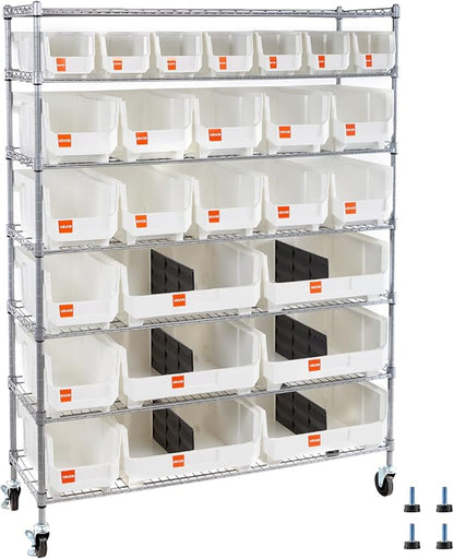 VEVOR 7-Tier Rolling Bin Storage Rack, 26 Organizer Bins, Bin Rack Storage Steel Wire Shelving System with Wheels, Mobile Tool Organizer for Garage, Warehouse, Office, Restaurant, Kitchen, Classroom