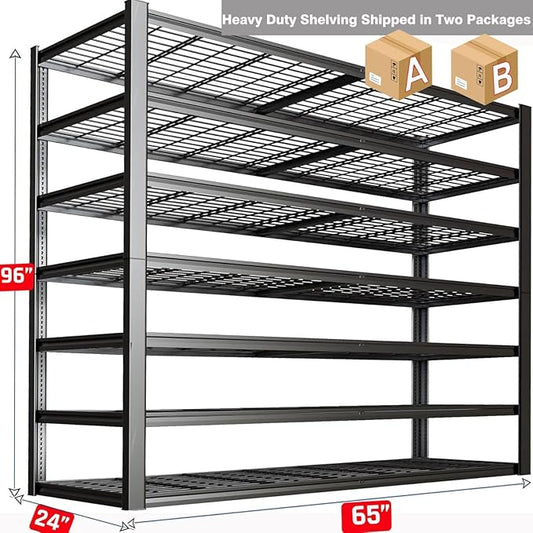 65" W Garage Shelving Heavy Duty, 7 Tier Garage Shelves, 65" W x 96" H x 24" D Adjustable Storage Shelving Unit, Commercial Metal Shelves for Warehouse, Basement,2 Pack