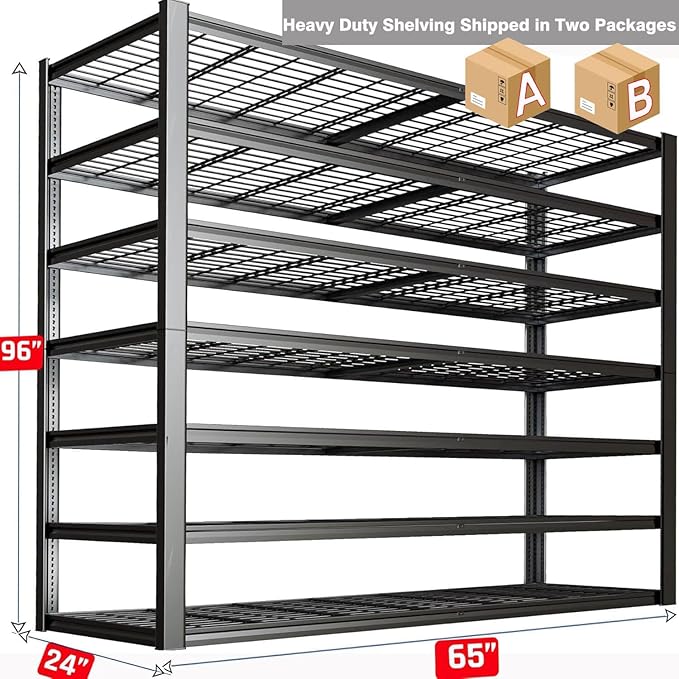7 Tier Garage Shelving Heavy Duty,65" W Garage Shelves, 65" W x 96" H x 24" D Adjustable Storage Shelving Unit, Commercial Metal Shelves for Warehouse, Basement