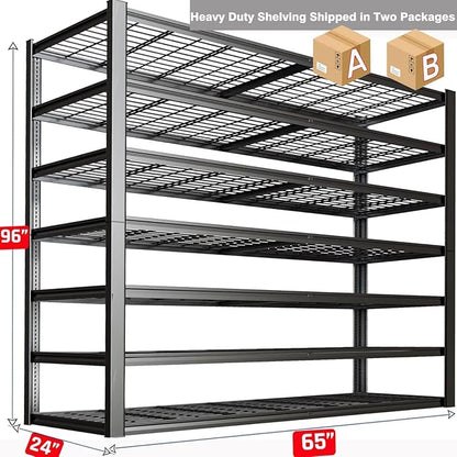 7 Tier Garage Shelving Heavy Duty,65" W Garage Shelves, 65" W x 96" H x 24" D Adjustable Storage Shelving Unit, Commercial Metal Shelves for Warehouse, Basement