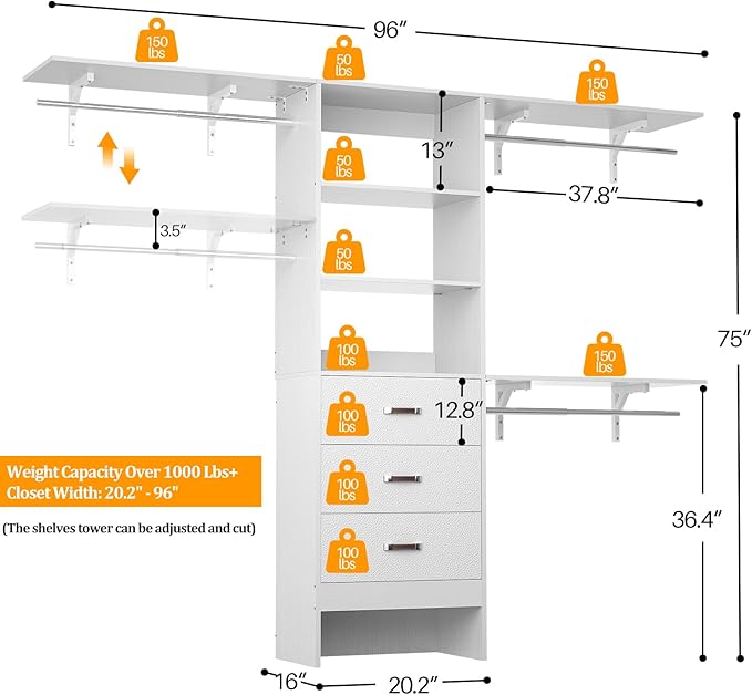 Closet System with Drawer - 8FT Wood Closet Organizer System with 3 Hanging Rods and Shelving Tower, 96" Walk In Closet Organizer Wardrobe, White