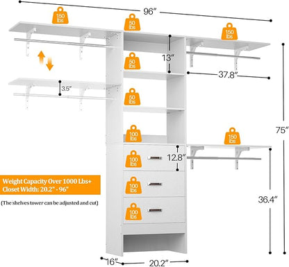 Closet System with Drawer - 8FT Wood Closet Organizer System with 3 Hanging Rods and Shelving Tower, 96" Walk In Closet Organizer Wardrobe, White