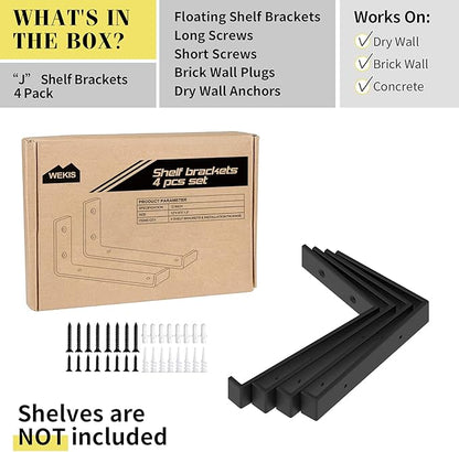 Shelf Bracket, Heavy Duty Floating Shelf Brackets 12-Inch Long, 4-Pack Brackets for Shelves, Black Coated J Shape Metal Wall Shelf Support Brackets with 1/5-Inch Thick and 160 lb. Load Capacity