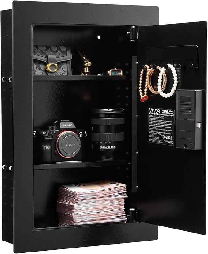 VEVOR Wall Safe, 3-Tier Hidden Wall Safe with Fingerprint, Password, Key & Turning Knob, Q235 Cold-Rolled Steel In-Wall Box with Adjustable Shelves & Key Holders for Money, Jewelry, Passport, Document