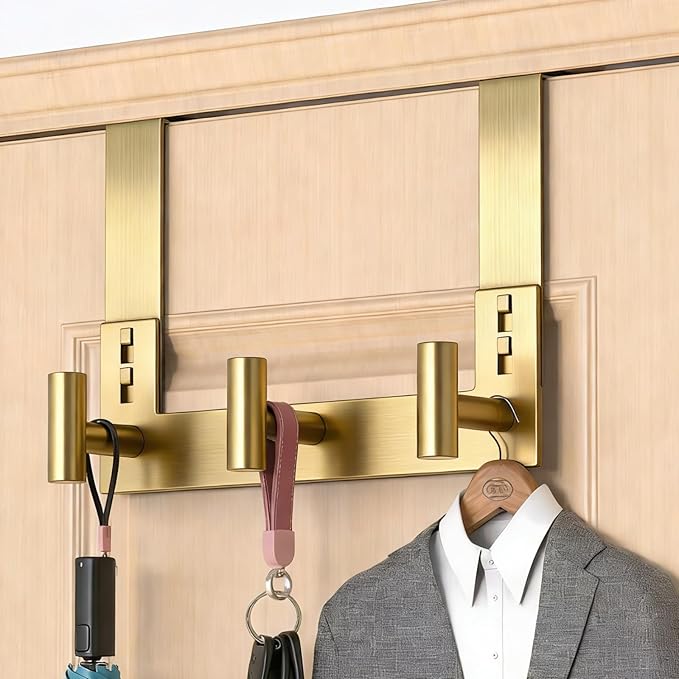 PMMASTO Over The Door Hooks, Fits 1-3/4" Thick Door No Drill Hooks for Closet Bathroom Bedroom Organization, Hanger for Coat Towel Robe (Gold, 3 T-Hooks)