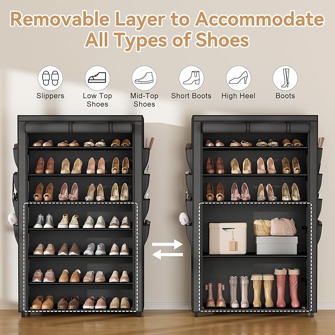 Shoe Rack with Cover, 7 Tier Shoe Organizer Storage for 32-40 Pair Shoes and Boots Large Shoe Storage Shelf Space Saving Vertical Shoe Rack for Closet, Front Door Entrance, Dorm, Garage