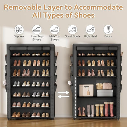 Shoe Rack with Cover, 7 Tier Shoe Organizer Storage for 32-40 Pair Shoes and Boots Large Shoe Storage Shelf Space Saving Vertical Shoe Rack for Closet, Front Door Entrance, Dorm, Garage