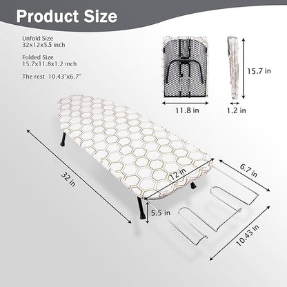 SheeChung Small Tabletop Ironing Board 32" Lx12 W,Folding Ironing Board with Iron Rest,Mesh Metal Base,Cotton Cover,Hook for Hanging,Portable Mini Iron Board for Sewing Craft Room Dorm,Hexagon