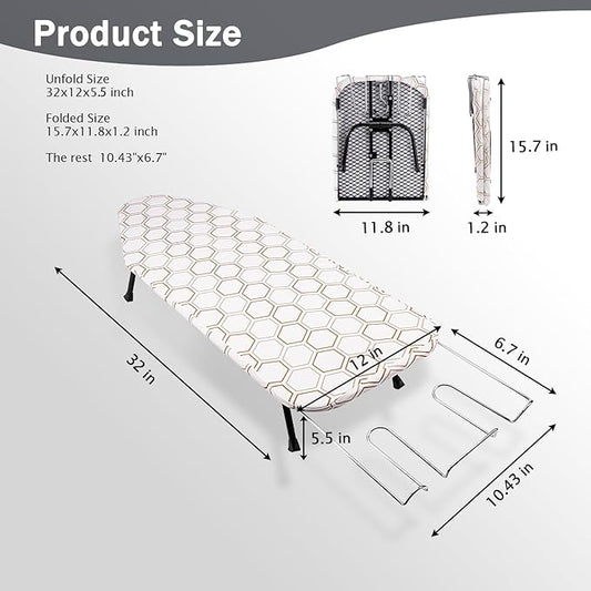SheeChung Small Tabletop Ironing Board 32" Lx12 W,Folding Ironing Board with Iron Rest,Mesh Metal Base,Cotton Cover,Hook for Hanging,Portable Mini Iron Board for Sewing Craft Room Dorm,Hexagon