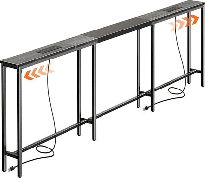 Huuger Narrow Sofa Table with 2 Power Outlets, 86.6-110.2 Inch Adjustable Length, Behind The Couch Table with USB-C Port, Long Entryway Console Table, Anti-tip Kit, for Living Room, Grey