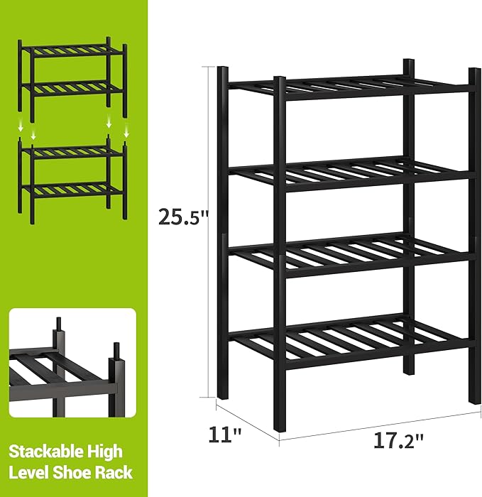 BMOSU 4-Tier Bamboo Small Shoe Rack Premium Stackable Shoe Shelf Storage Organizer for Hallway Closet Living Room Entryway Organizer (Black Bamboo)