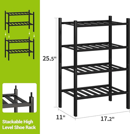 BMOSU 4-Tier Bamboo Small Shoe Rack Premium Stackable Shoe Shelf Storage Organizer for Hallway Closet Living Room Entryway Organizer (Black Bamboo)