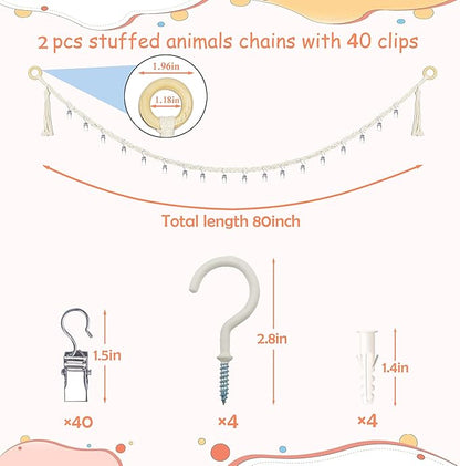 2PCS Stuffed Animals Storage Chain Organizers 80" Cotton Hanging Storage Chain with 40 Metal Clips Stuffed Animal Display Holder Chain for Wall or Corner Nursery Play Room