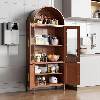 Metal Arched Bookcase Cabinet with 4 Doors,Arched Kitchen Pantry Cabinet for Home Office Living Room,Required Assembly,Brown