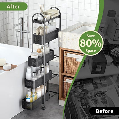 KINGRACK 5-Tier Slim Storage Cart with Pull Out Basket, Rolling Bathroom Organizer Utility, Metal Shelving Unit Slide Out, Lockable Wheels, Easy Assembly for Narrow Place, Kitchen, Laundry Room, Black