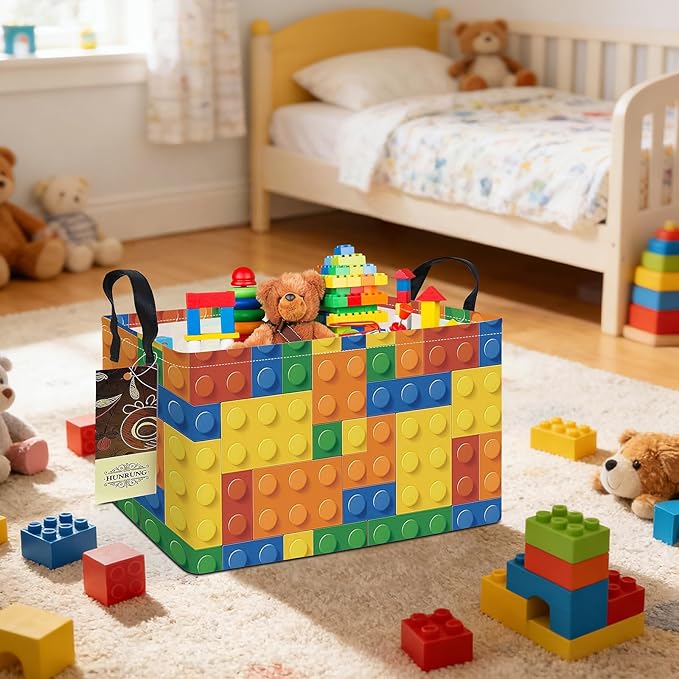 HUNRUNG Rectangle Storage Basket Cute Canvas Organizer Bin for Pet/Children Toys, Books, Clothes Perfect for Rooms(REC-Colorful Blocks)