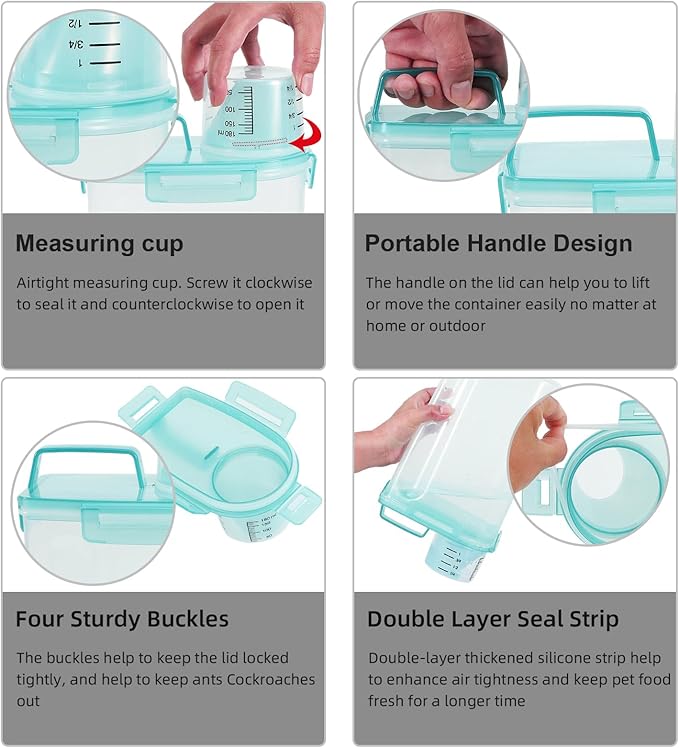Airtight Small Cat Dog Pet Food Storage Containers BPA Free, with Large Pour Spout/1 Measuring Cup/ 4 Safety Locks and Double-layer Silicone Strip (Clear Blue x 2, 3L-2pack)