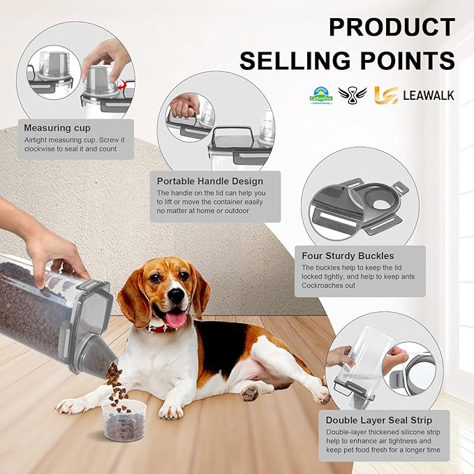 3-5Lbs Airtight Small Cat Dog Pet Food Storage Containers BPA Free, with Large Pour Spout/1 Measuring Cup/ 4 Safety Locks and Double-layer Silicone Strip (Clear Black 2Pack)