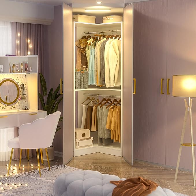 Armocity Corner Closet System, 32 Inches Wide Wood Unit with 2 Hanging Rods and All Hardware Kits, 3-Tier 80'' Height Wood Closet Tower, White
