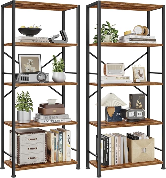 Furologee 5 Tier Book Shelf Set of 2, Tall Wide Bookshelf, Industrial Open Bookcase, Display Shelves Storage Organizer, Shelving Unit for Living Room, Home Office, Bedroom, Rustic Brown