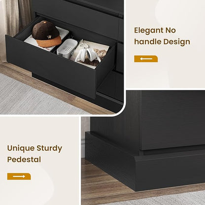 DICTAC 6 Drawers Dresser for Bedroom, Black Modern Chest of Drawers, Storage Tower Clothes Organizer Closet, Long Double Dresser with No Handle Drawers, Dimensions 51.6''L x 15.7''D x 29.3''H